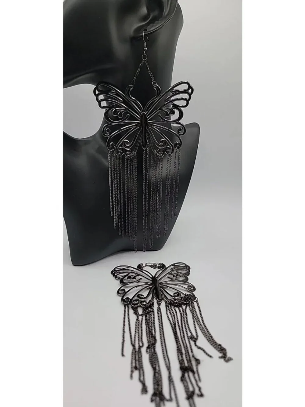 XXL Butterfly Runway Earrings Black Butterfly Tassel Statement Dangle Hooks 8"+ - Picture 4 of 10